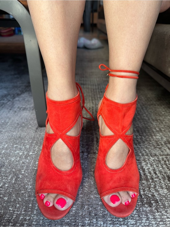 Aquazzura Shoes - Aquazzura Red Suede Lace-Up Peep Toe Heels